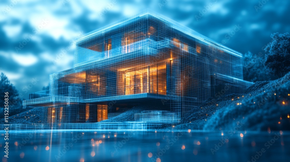 Poster a contemporary house is depicted in a digital wireframe, glowing with warm lights. the setting is se
