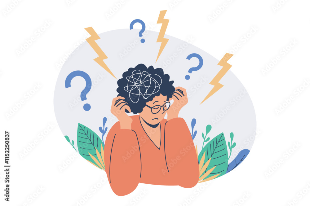 Poster mental health problem web concept with flat cartoon people for website design.