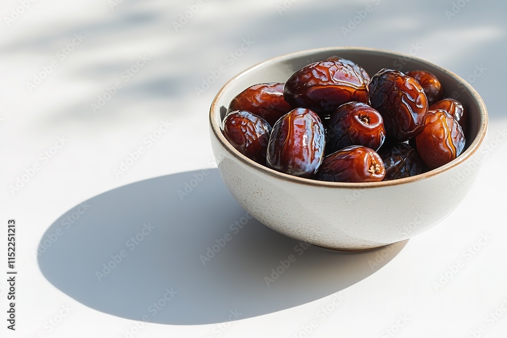 Poster single bowl of fresh dates resting on smooth white surface under diffused lighting