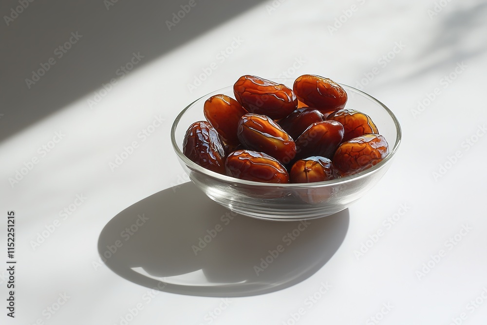 Poster single bowl of fresh dates resting on smooth white surface under diffused lighting