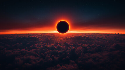 A solar eclipse occurs as the moon aligns with the sun, casting a mysterious shadow over the horizon. The clouds reflect a warm glow, enhancing the captivating atmosphere.