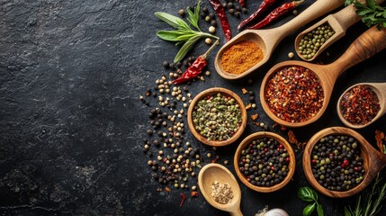 Rustic wooden spoons with an assortment of spices