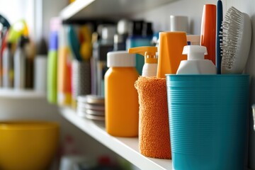 Neatly Arranged Household Products on a Shelf with Sharp Detail and Studio Lighting Against a Plain White Background for Modern Home Decor Needs