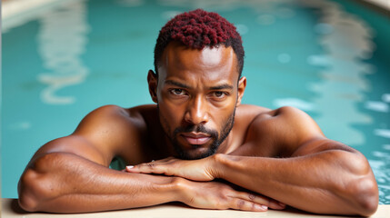 Serious african american man with short red hair leaning on poolside, concept of focus, strength, and summer tranquility