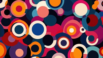A vibrant abstract design featuring colorful overlapping circles on a dark background.