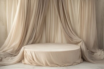 soft fabric-covered podium in neutral beige tones surrounded by flowing drapes and diffused lighting