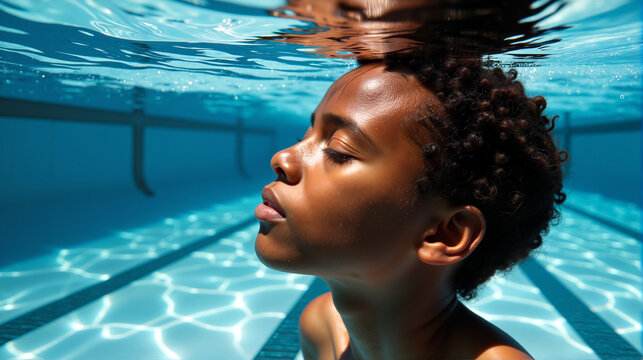 Calm african american boy underwater in a pool with eyes closed, concept of peace, mindfulness, and summer exploration