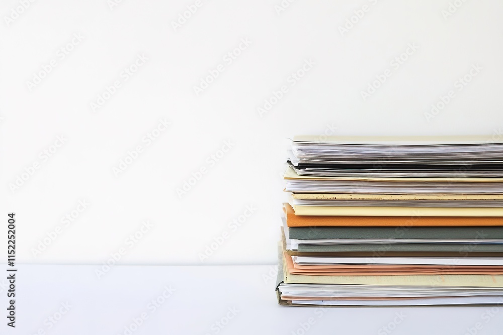 Poster stack of financial reports on white surface neatly arranged to show content with clear space for cop