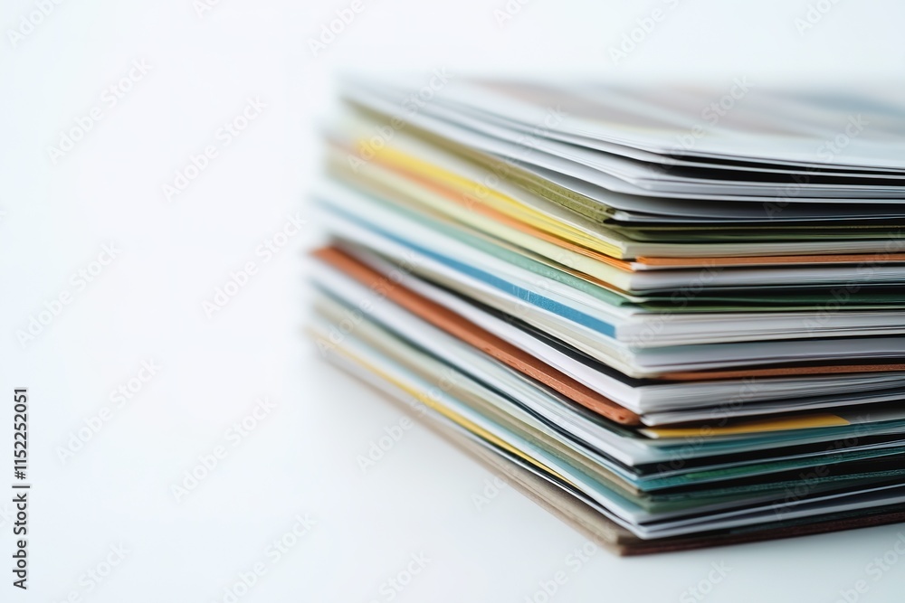 Poster stack of financial reports on white surface neatly arranged to show content with clear space for cop