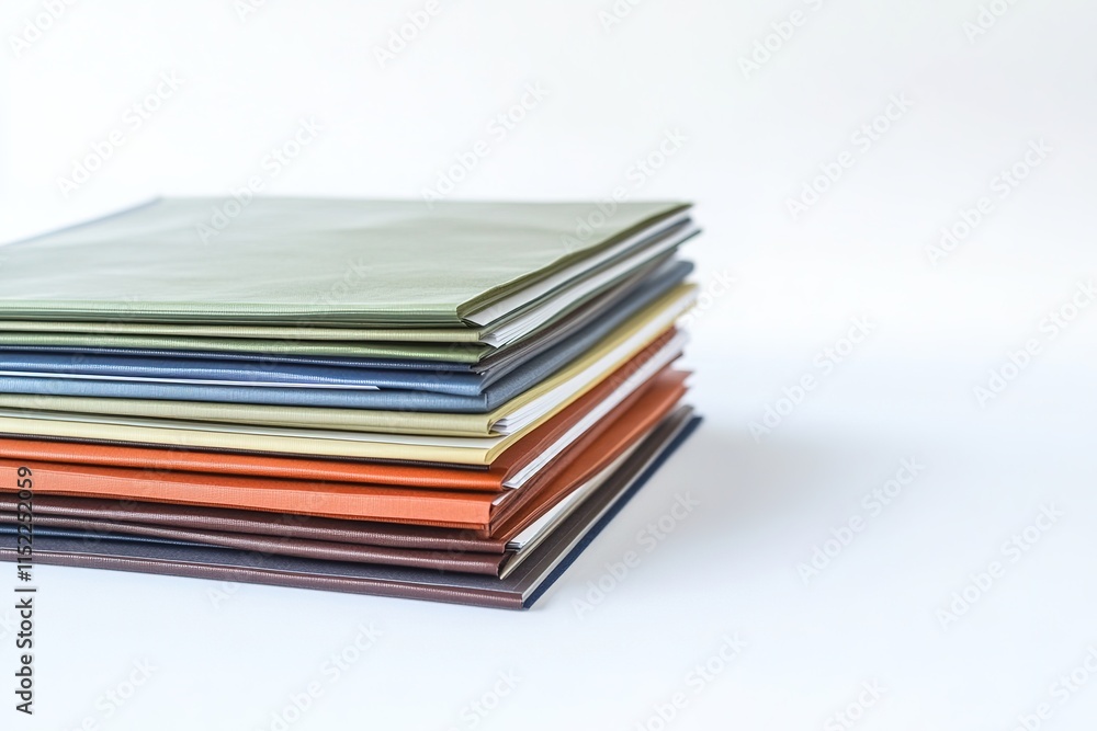 Poster stack of financial reports on white surface neatly arranged to show content with clear space for cop