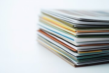 stack of financial reports on white surface neatly arranged to show content with clear space for copy beside them