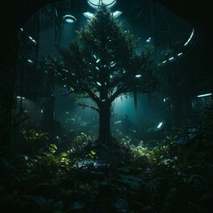 Fototapeta premium Bioluminescent rainforest at twilight with a glowing ancient tree and magical birds