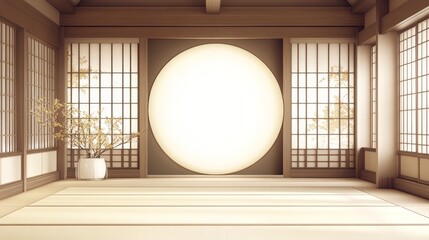 A serene interior with a large circular light feature and minimalistic decor.
