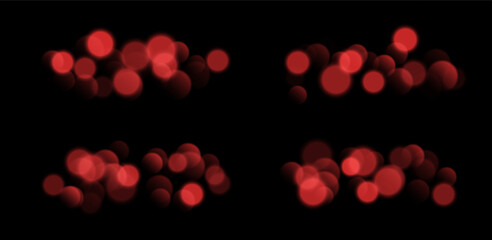 Red bokeh set, blurred background with sparkling lights, blurry glitter effect. Bright soft abstract background. Vector illustration.