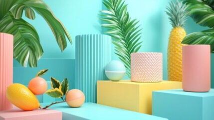 Pastel-themed decor with fresh fruits and tropical vibes