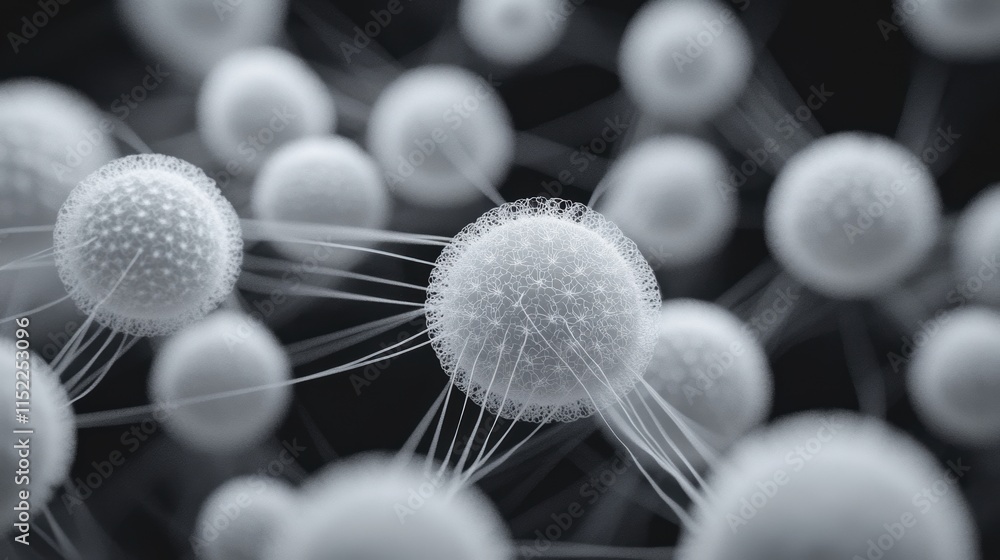 Aufkleber abstract close-up of interconnected white spheres with intricate texture and thin connections on a d
