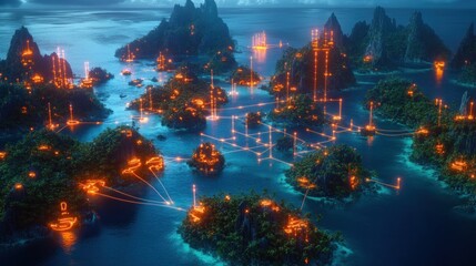 Obraz premium Illuminated tropical islands connected by glowing network at night.