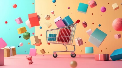 Abstract shopping cart scene with vibrant floating cubes