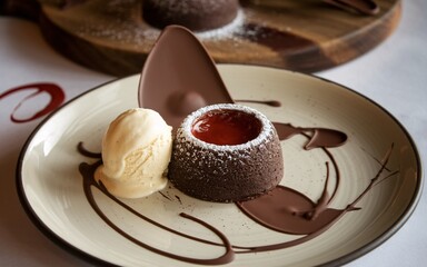 Molten chocolate cake dessert with vanilla ice cream and chocolate garnish.