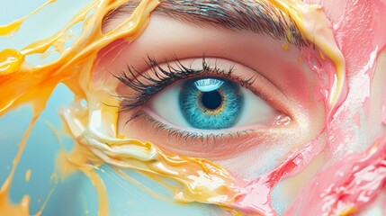 Close-up of vibrant blue eye with abstract colorful paint