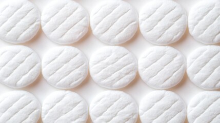 Pattern of round white cotton pads arranged in rows on a bright background.