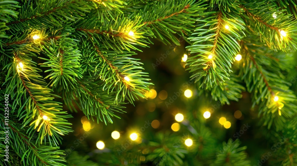 Aufkleber festive green pine tree branches adorned with warm glowing lights and soft bokeh background.