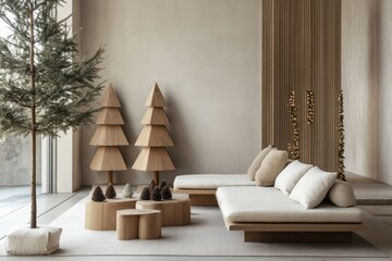 Minimal holiday decor interior with wooden Christmas trees and cozy living room scene.