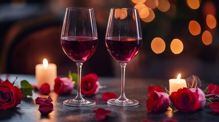 Romantic atmosphere with two glasses filled with red wine. Soft candlelight and roses create a warm atmosphere. Perfect for love dinner and Valentine's Day celebration