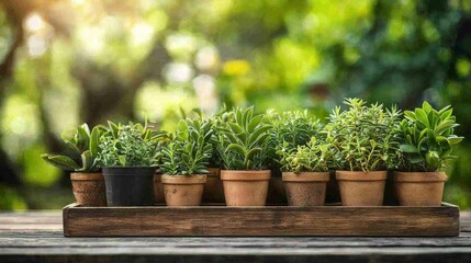 Fototapeta premium Potted plants arranged on a wooden surface outdoors