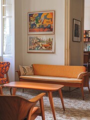 Bright spacious apartment interior with wooden sofa, retro armchair, posters and table with chairs