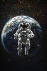Fototapeta premium astronaut in space suit floats in front of earth suspended in darkness of space