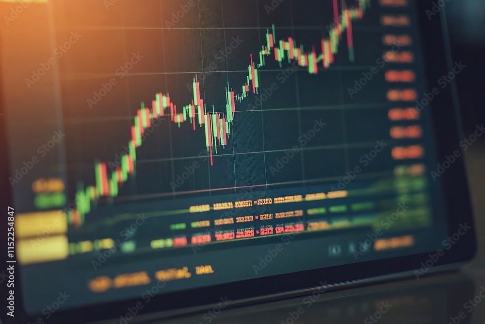 Poster close-up of glowing candlestick chart displayed on tablet screen with blurred financial data behind