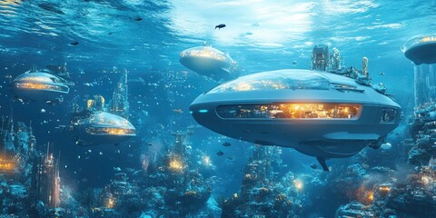 Fototapeta premium Futuristic Underwater City With Submersible Vessels