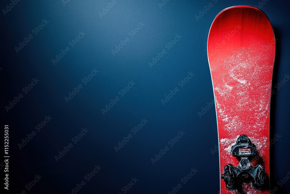 Poster close-up of red snowboard placed to right on solid dark blue background with 80 copy space on left s