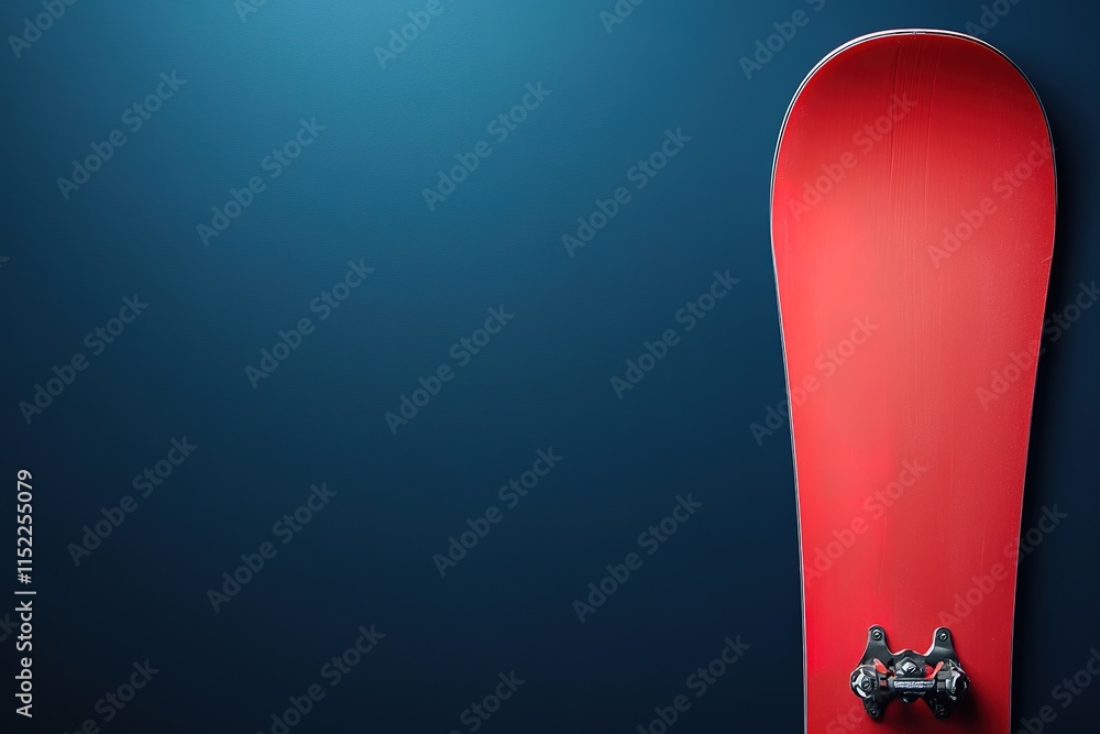 Poster close-up of red snowboard placed to right on solid dark blue background with 80 copy space on left s