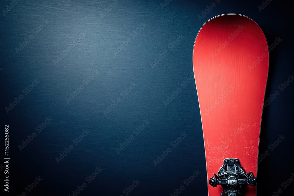 Poster close-up of red snowboard placed to right on solid dark blue background with 80 copy space on left s
