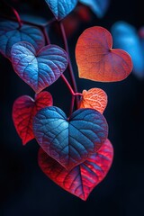 Colorful heart-shaped leaves create a stunning display in a dark background