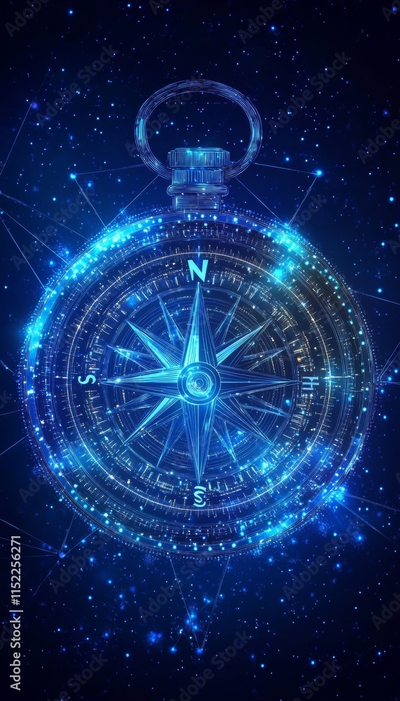 Poster abstract glowing compass navigating a network of digital data, lines, and points on blue