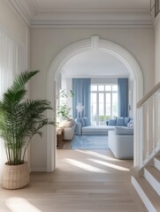 Spacious white and blue living room connected with cozy hallway