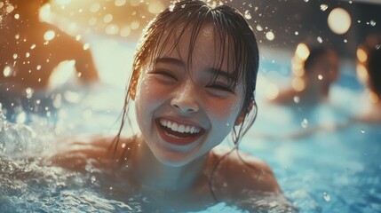 Happy people having fun inside swimming pool - Focus on asian girl face