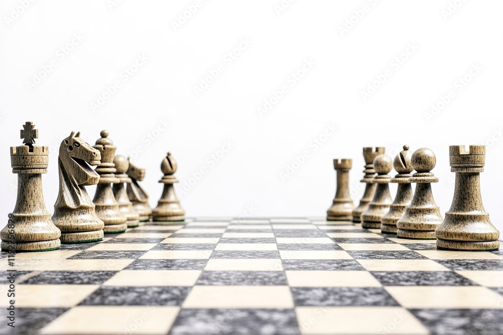 Poster photo of chessboard with no pieces only empty squares visible on clean white background