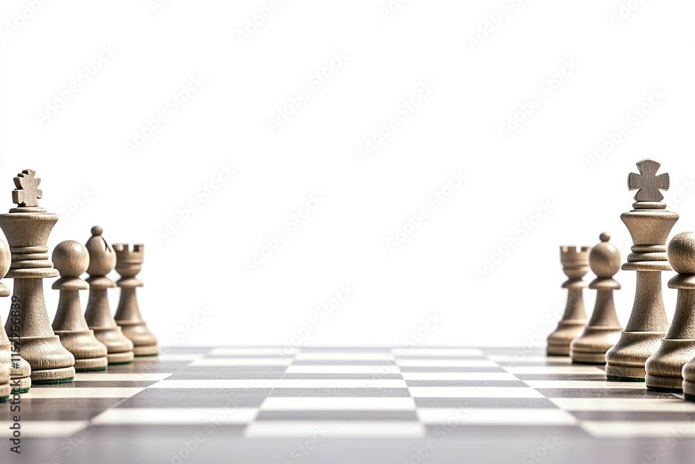 Poster photo of chessboard with no pieces only empty squares visible on clean white background