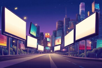 Futuristic Urban Cityscape at Night Featuring Packed Buildings with Glowing Billboards, Vibrant Colors, and a Flat Design Aesthetic in a Stunning Illustration