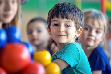 portrait of diverse group of children with special needs engaged in group learning activity