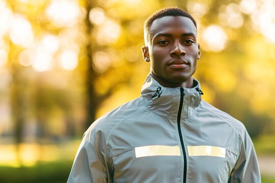 portrait of man wearing lightweight running jacket with reflective strips under bright natural light and blurred park