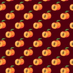 Apricot fruit flat seamless pattern on red background. Wrapping paper, gift card, poster, banner design. Home decor, modern textile print. Summer bright geometric fruits patterned.