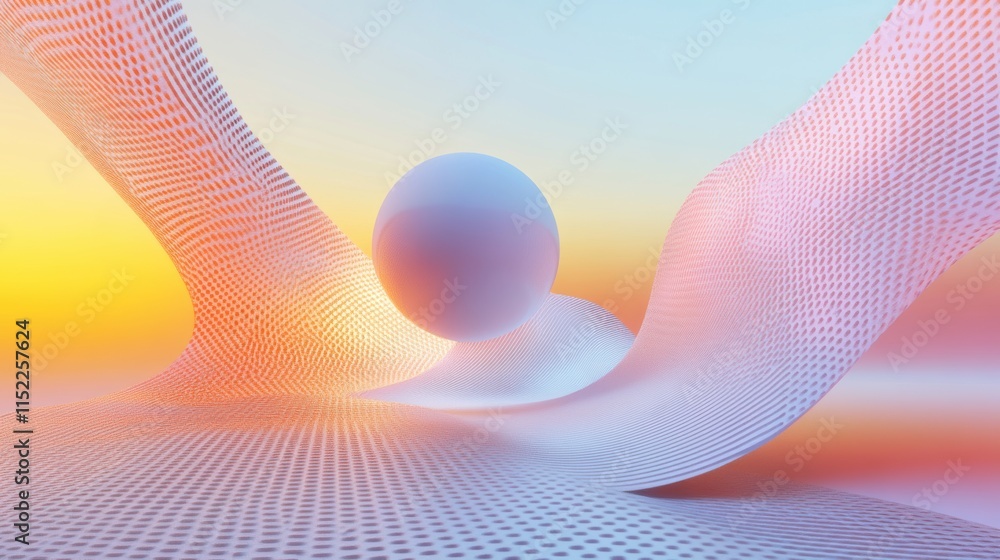 Aufkleber abstract sphere floating over a wavy dotted surface with gradient sunset background