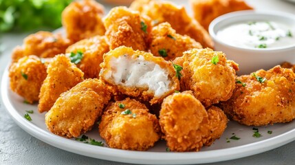 Crispy Nuggets with Ranch Dipping Sauce on White Plate