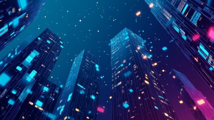 A futuristic cityscape with glowing skyscrapers and a starry sky.