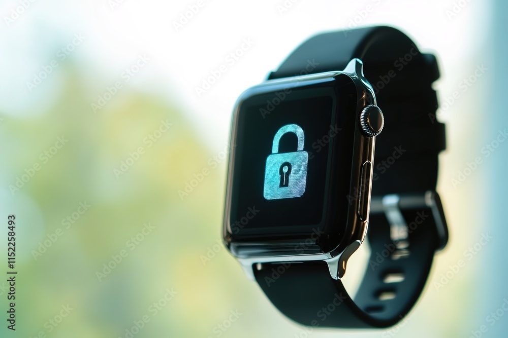 Poster clean close-up of smartwatch displaying lock icon under soft natural light with blurred neutral back